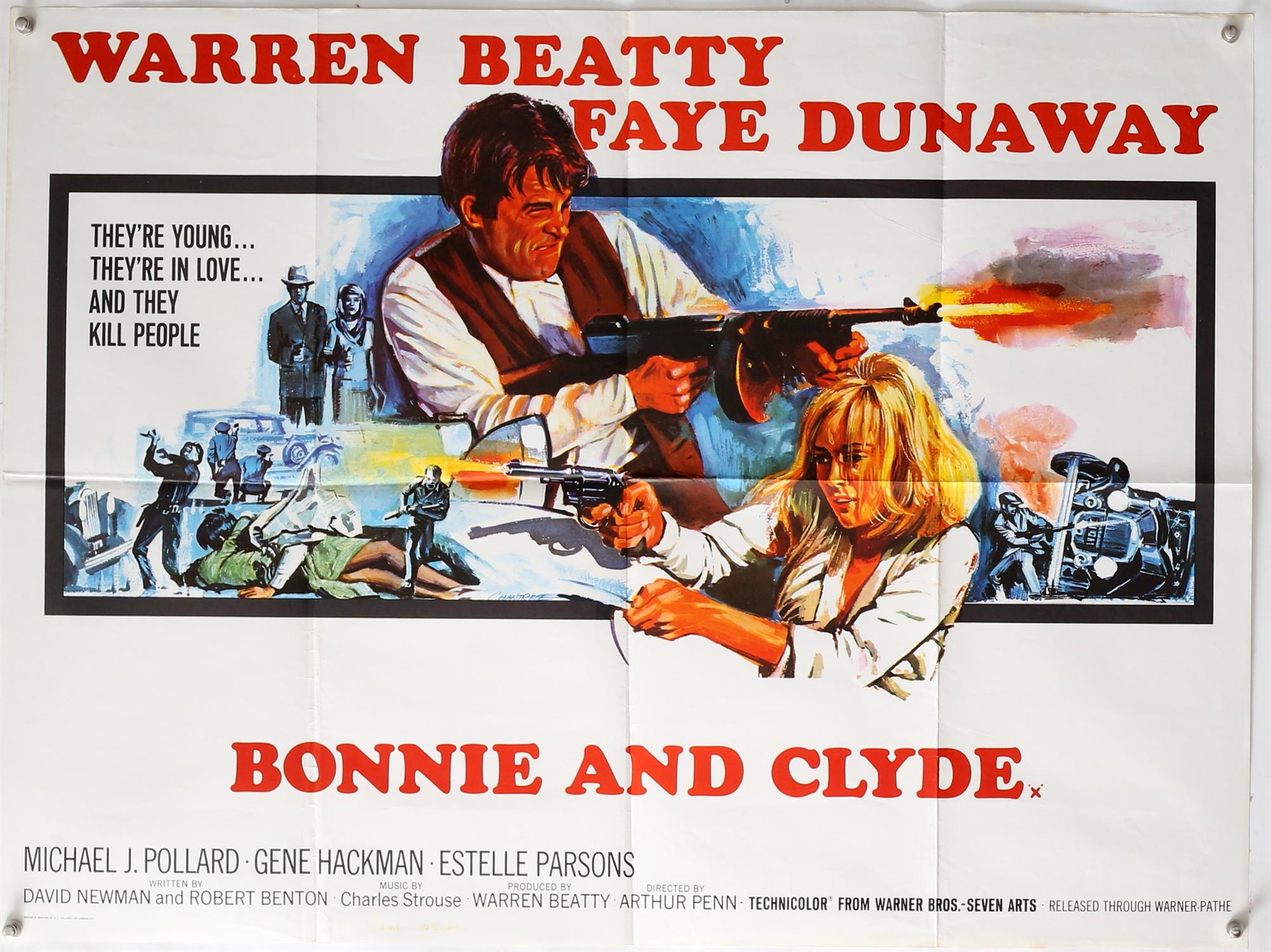 Bonnie & Clyde (1968) British Quad film poster with poster illustration by Tom Chantrell, folded,