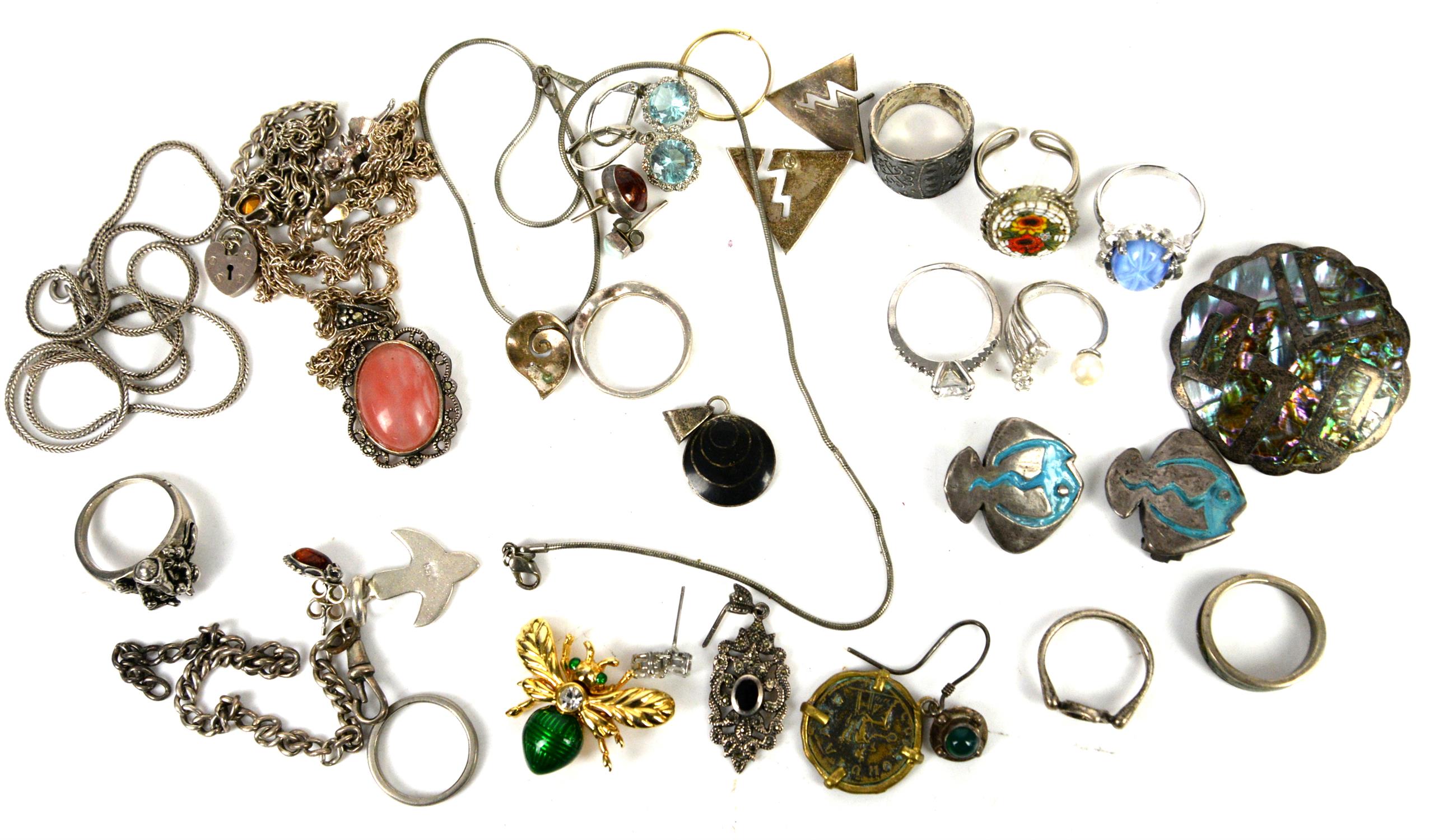 Large box of costume jewellery, including a single 9 ct gold hoop earring, an abalone shell brooch,