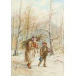 W Duncan (British, 1848-1932), woodsman with a young boy carrying an axe, signed and dated 1902, 26.