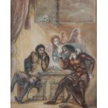 19th century painting of the devil playing chess against a prisoner with both being aided by