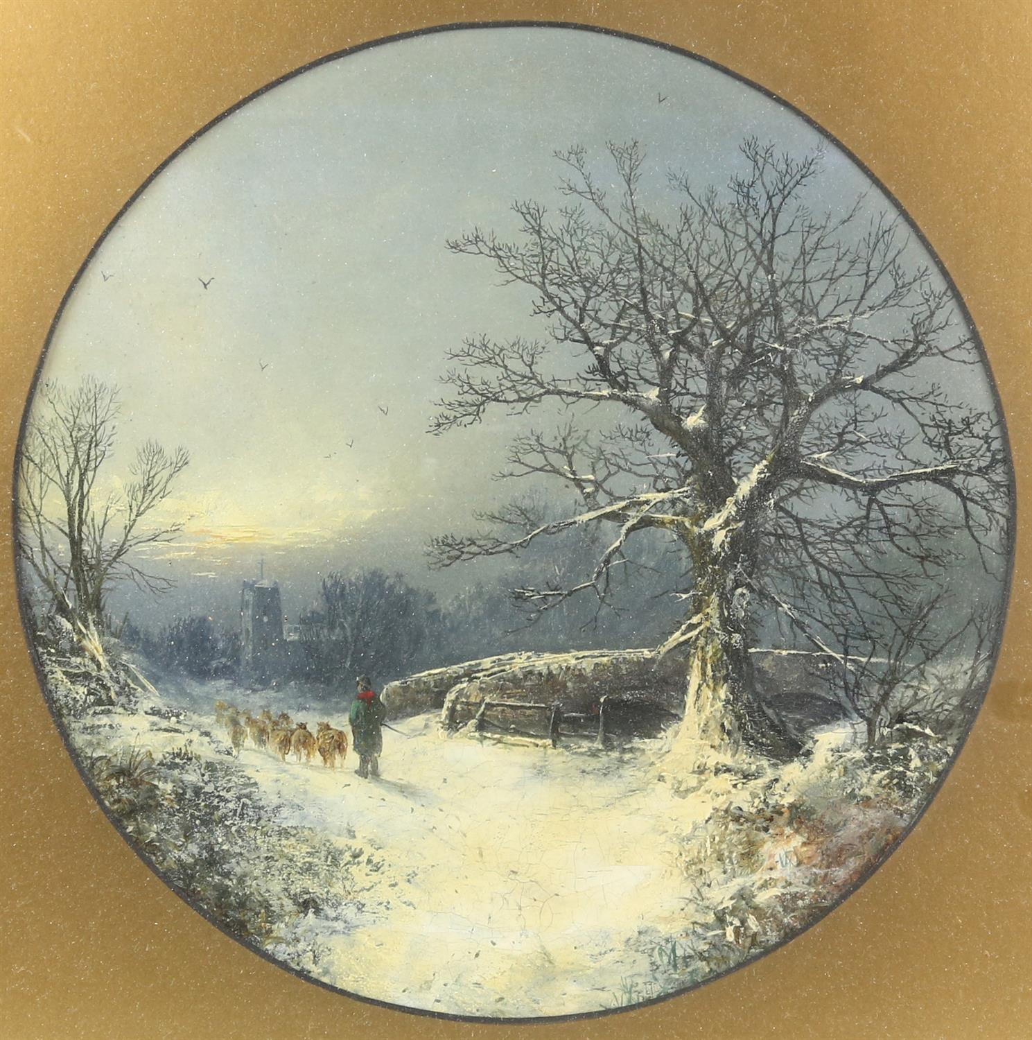 Late 19th / early 20th century oil on canvas of a shepherd leading sheep in the snow with church to