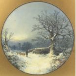 Late 19th / early 20th century oil on canvas of a shepherd leading sheep in the snow with church to