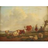 Auguste Mongue 1836, oil on board Pastoral Scene with cows and sheep 16cm x 22cm,