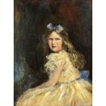 20th century English School, portrait of a young girl in a cream dress with a blue bow in her hair,