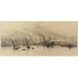W L Wyllie (British, 1851-1931). 'Bay of Naples with Mt. Vesuvius', signed etching, 18cm x 39cm