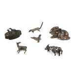 Collection of silver, to include a bunny stamped 925, 7.5 cm long, a seal, stag, meerkat,