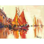 George R Deakins (British, 1911-1982), moored boats, signed, oil on board, 24cm x 32.