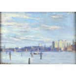 Derek Rogers (British, 1910-1987), 'The Thames near Southwark', signed, oil on board, 24.5cm x 35cm