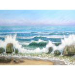 Sandra Francis (Contemporary British), five paintings to include 'Waves on the Rocky Shore' 76 x