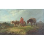 19th century oil on canvas, Woman and her children leading a donkeys and a horse through a field