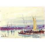 J. Deakins, British 20th century, moored boats, signed, oil on board, 19cm x 27cm,