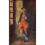 19th century oil on board depicting an 18th century man in a tricorn hat and red waistcoat and