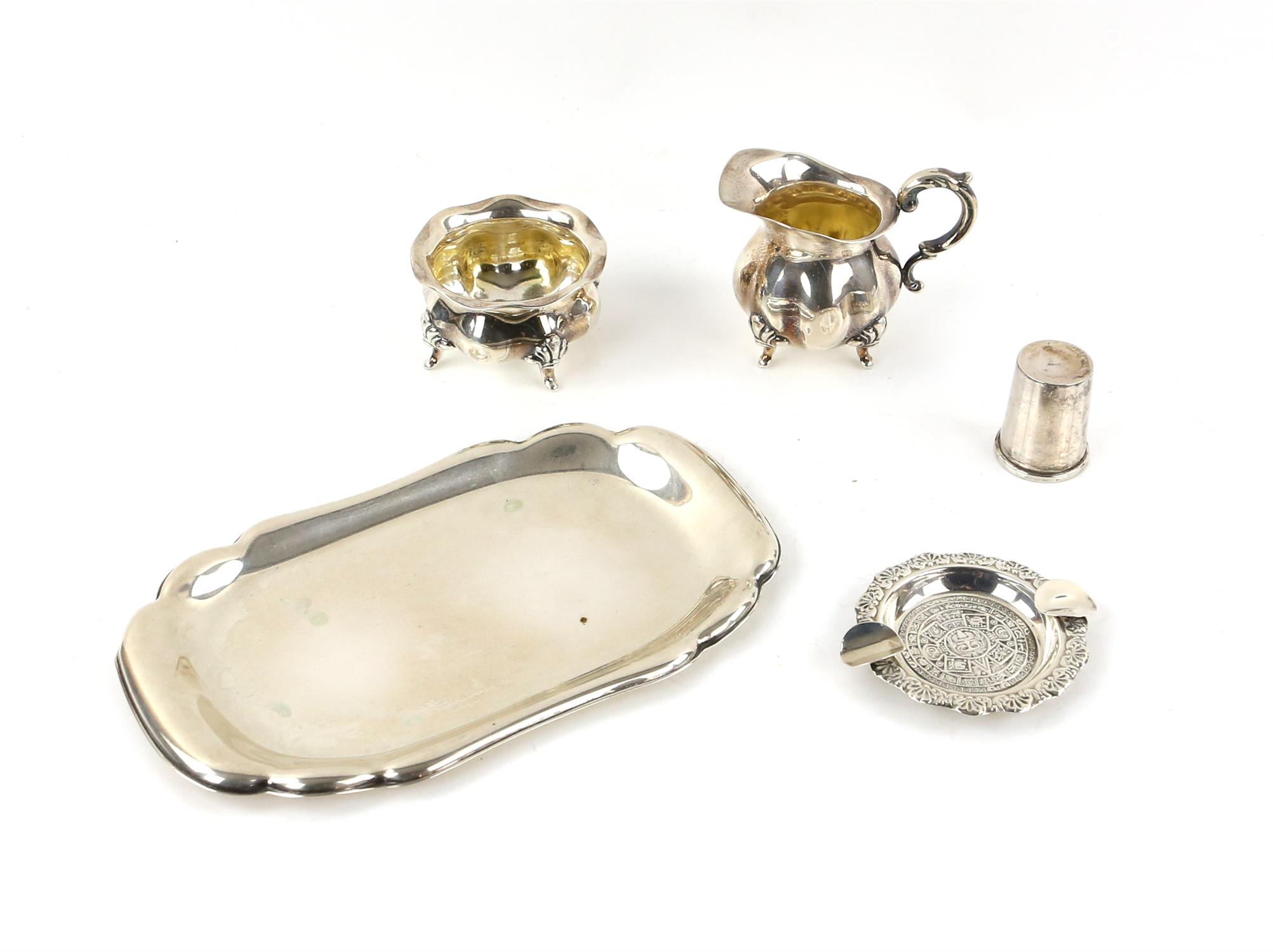 German silver sugar and cream set on tray, stamped 835 with maker's mark S&B, tray 20 cm wide,