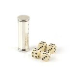 Modern silver gaming tube containing four dice, Birmingham 2003, 6.5 cm high