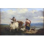 19th century oil on canvas, depicting a man and woman with cattle goats and a dog in a field,