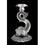 Baccarat three branch candelabrum, mounted on a frosted glass dolphin stem and clear base,