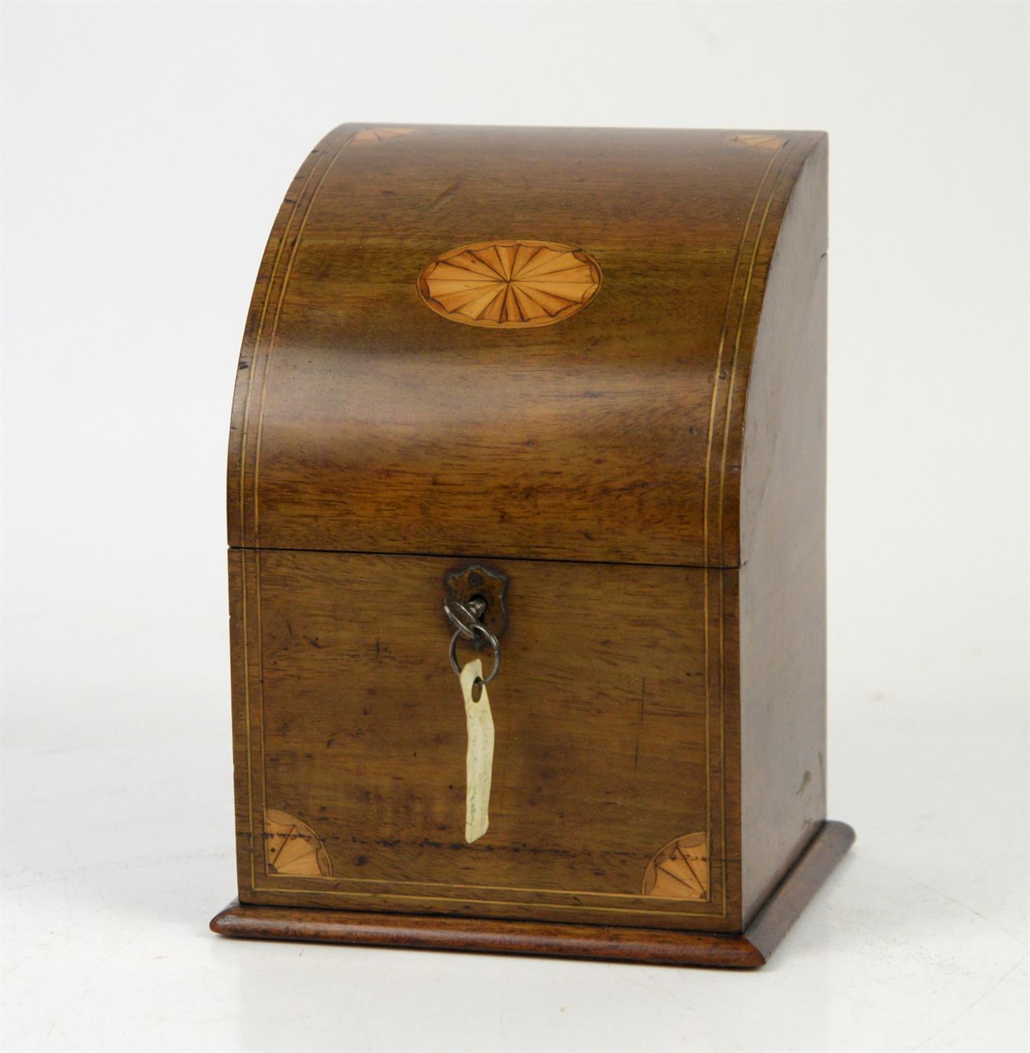 Late 19th century mahogany stationery box with domed cover and shell inlay on square base, h20.