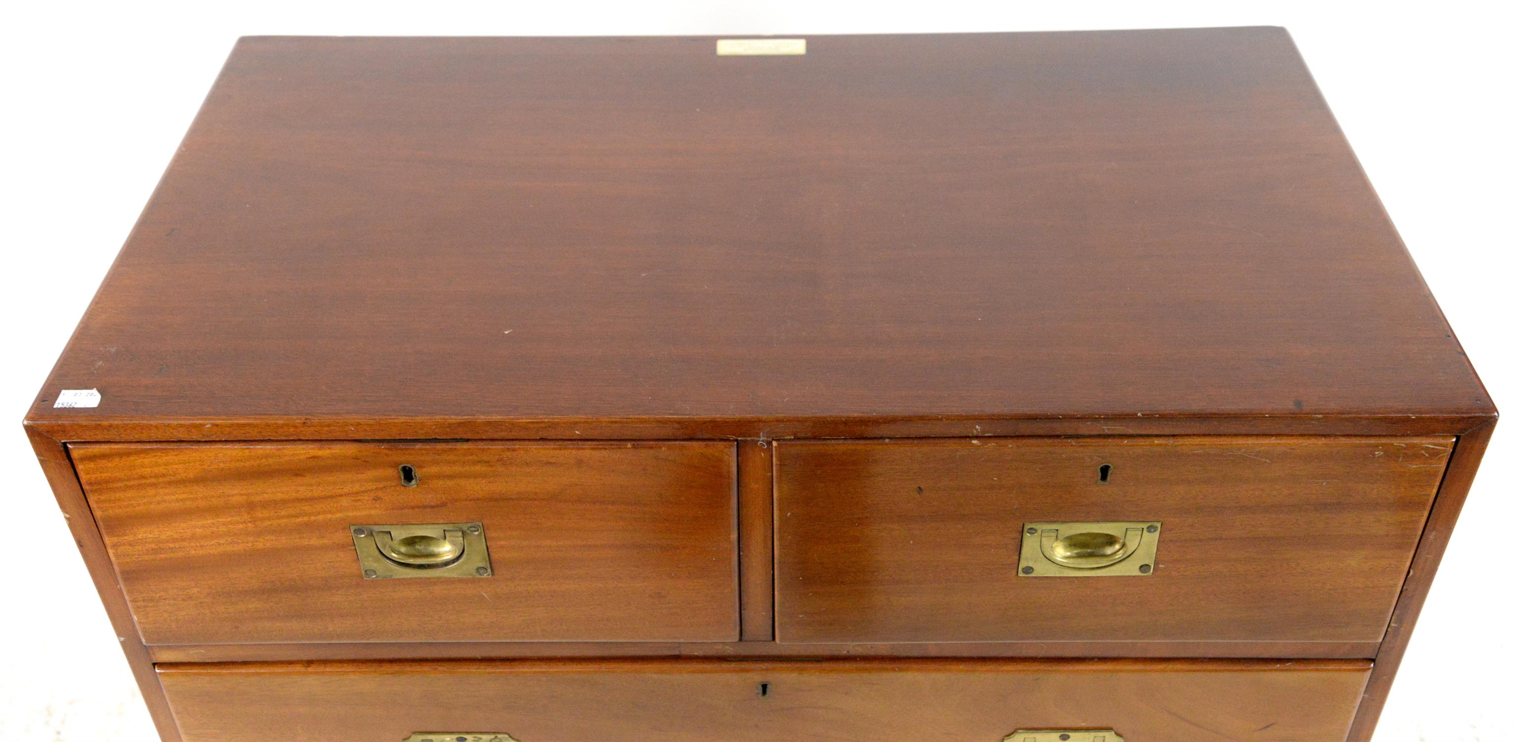 20th century mahogany campaign style chest, with two short over three long drawers on bracket feet, - Image 3 of 5