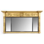 Giltwood overmantel mirror, with three glass panels flanked by columns, H64 x W118.5cm