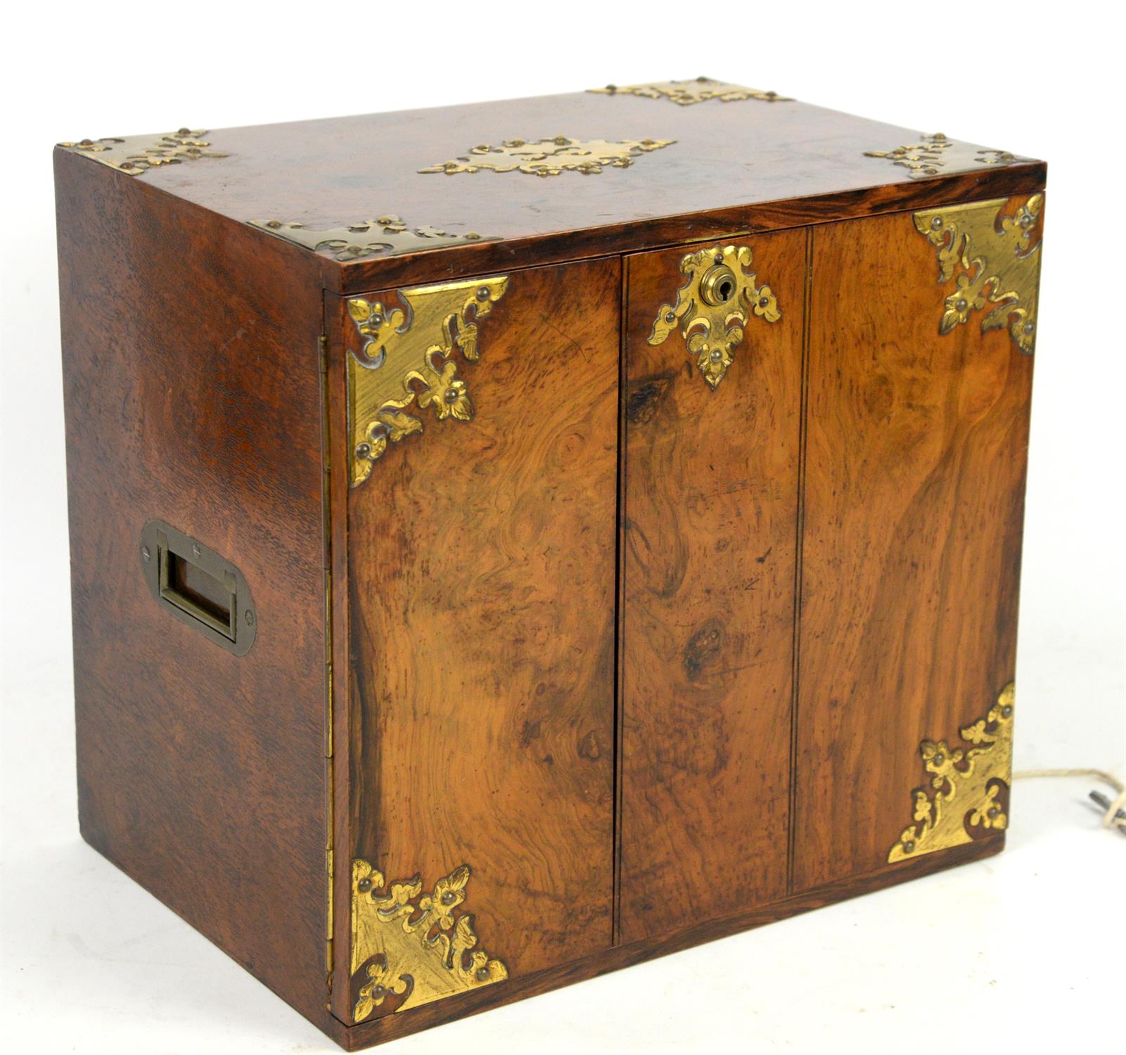 Late 19th century burr walnut and brass mounted cigar chest with two doors enclosing three drawers, - Image 3 of 3