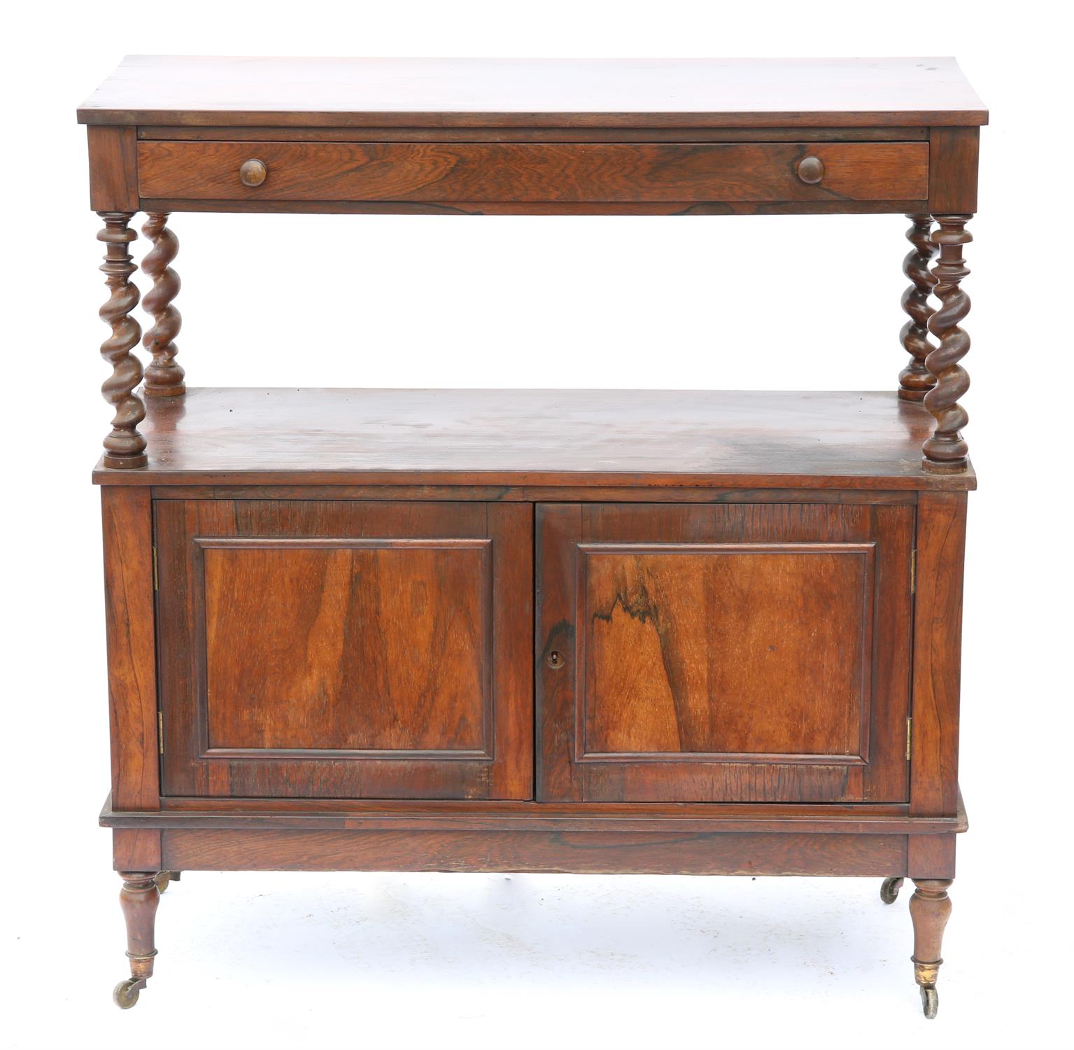 19th century rosewood cabinet with a long drawer on barley twist supports above two panelled