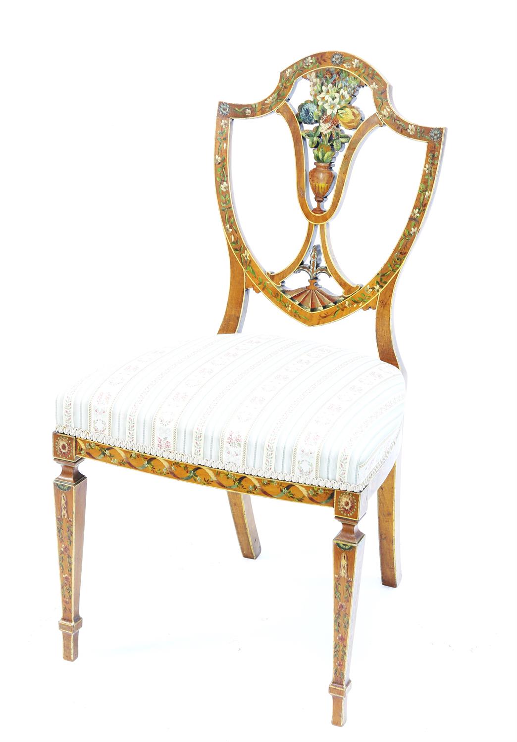 Set of six 19th century satinwood and floral painted shield back dining chairs, the shield backs - Image 2 of 2