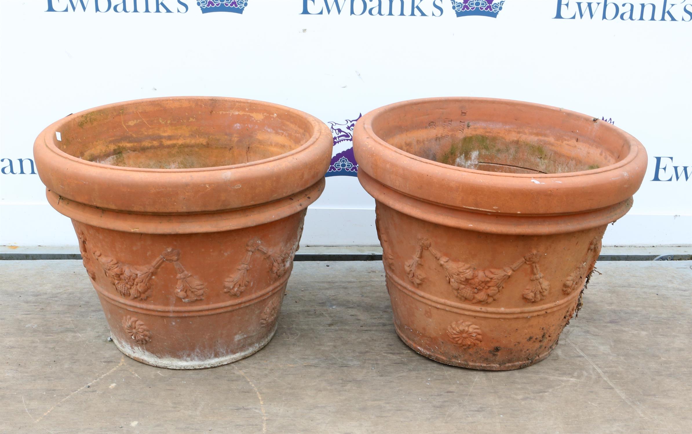 Two large hand-made Italian terracotta planters, decorated with floral swags, stamped to interior, - Image 2 of 2