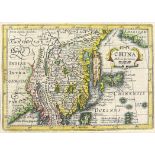 17th century map of China, Hondius, Milliaria Germanica, 13 x 18.5 cms, hand-coloured and with a