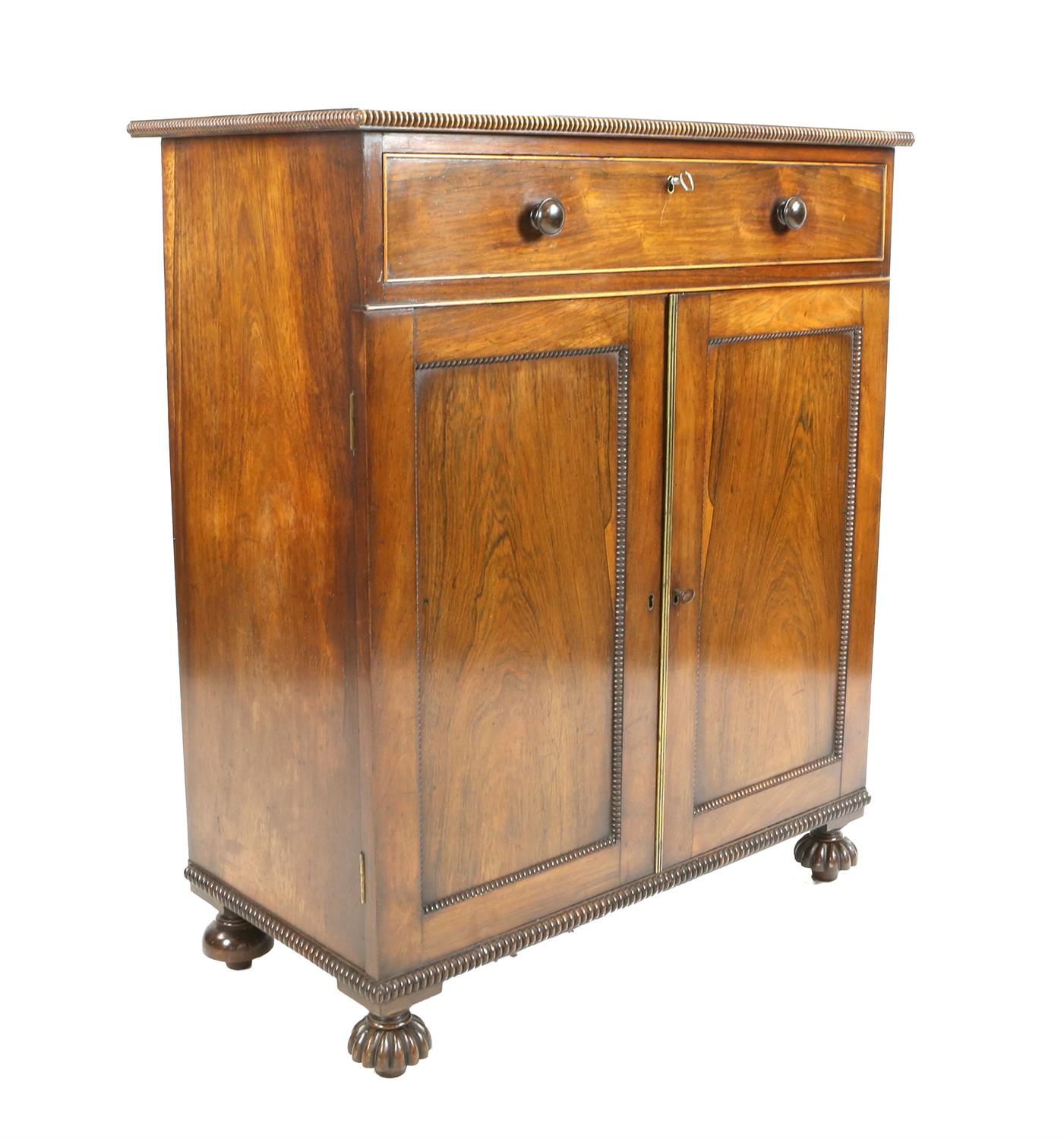 Pair of Regency rosewood cabinets, with gadrooned borders, each having a single drawer above two - Image 2 of 5