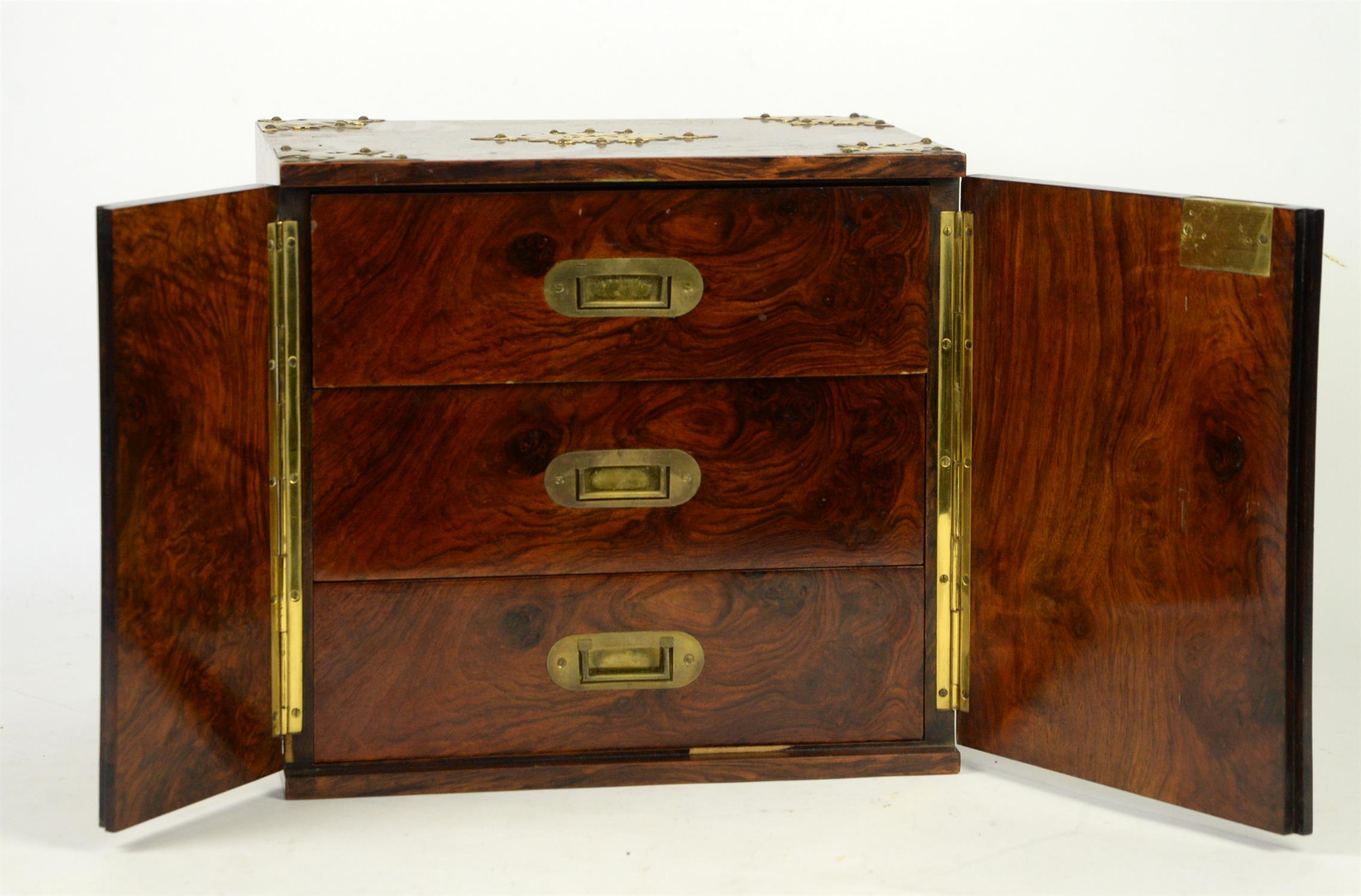 Late 19th century burr walnut and brass mounted cigar chest with two doors enclosing three drawers,