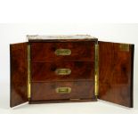 Late 19th century burr walnut and brass mounted cigar chest with two doors enclosing three drawers,