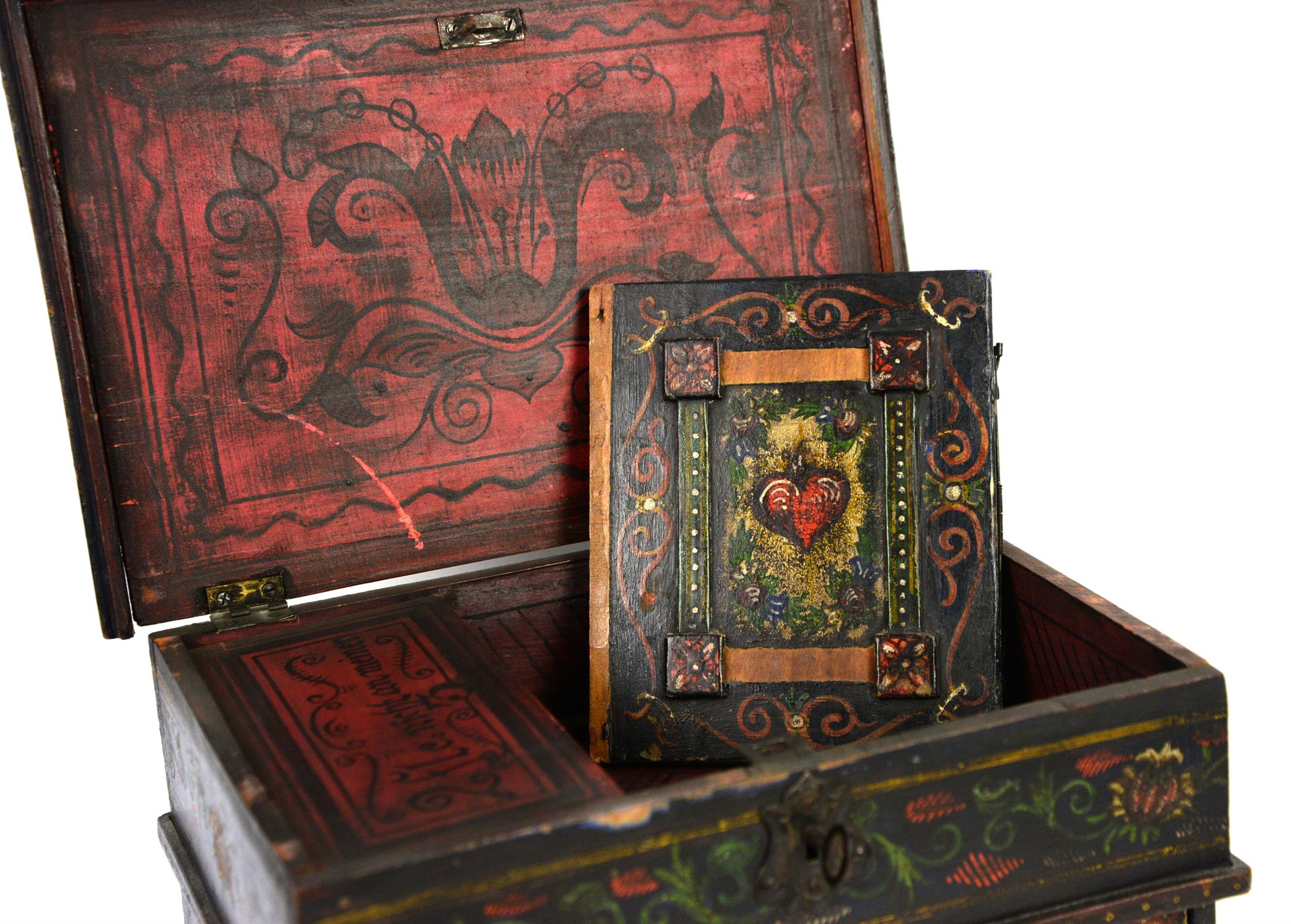 German wooden jewellery box painted with figures and flowers, with hinged lid revealing fitted - Image 2 of 5