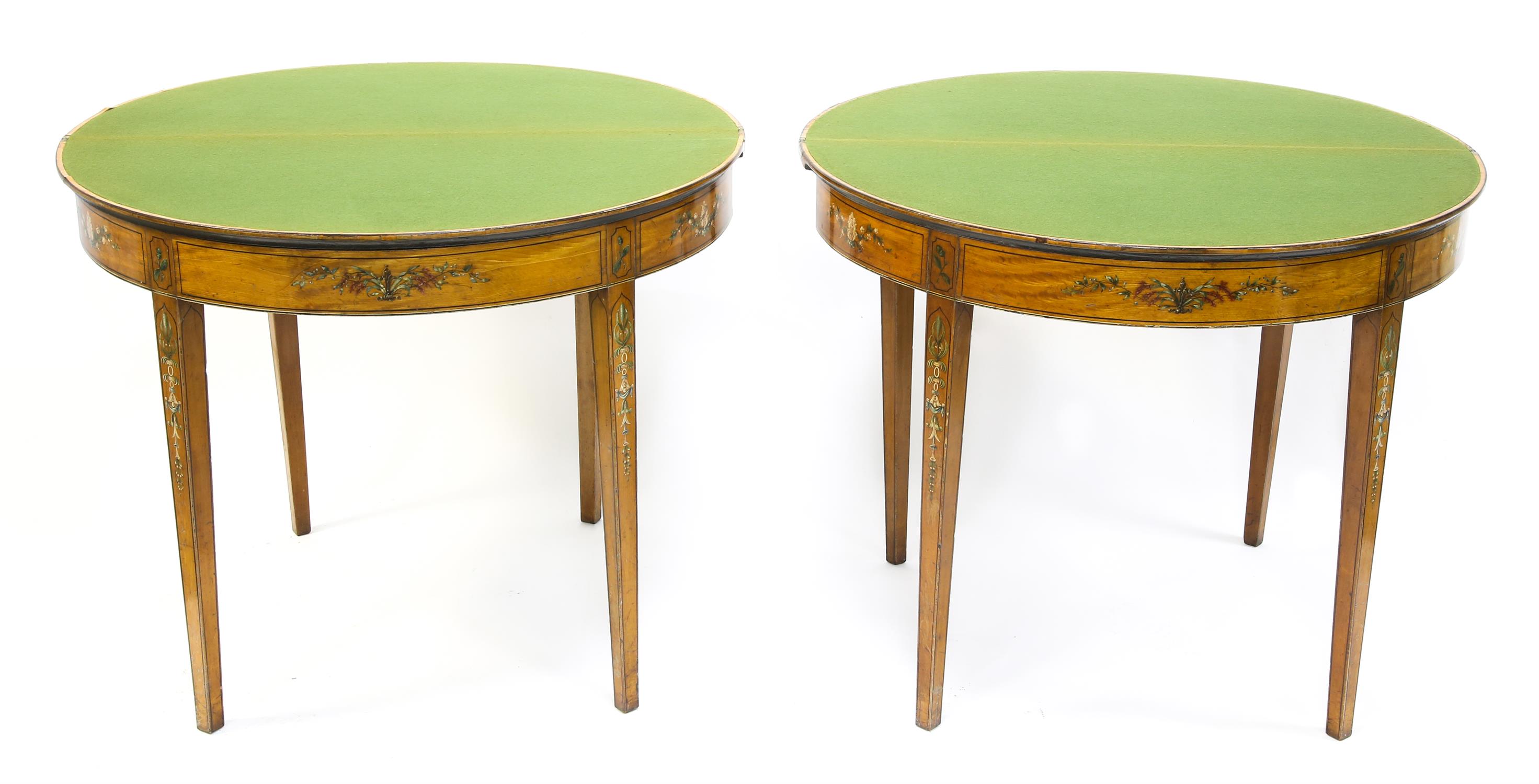 Pair of 19th century floral painted satinwood demi-lune card tables, with folding tops, - Image 4 of 4