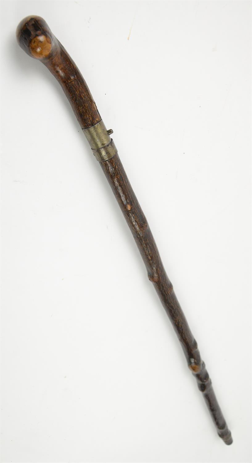 Early 20th century swordstick, with button release mechanism, hardwood and bark sheath, 91.5cm long,