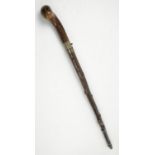 Early 20th century swordstick, with button release mechanism, hardwood and bark sheath, 91.5cm long,