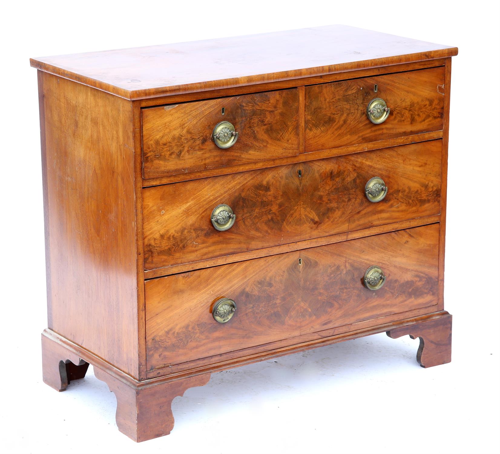 19th century mahogany chest of two short over two long drawers, on bracket feet, H82 x W93 x D48cm