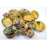 Sarreguemines French majolica fruit plates, 19.5cm diameter, baskets and dishes with covers,