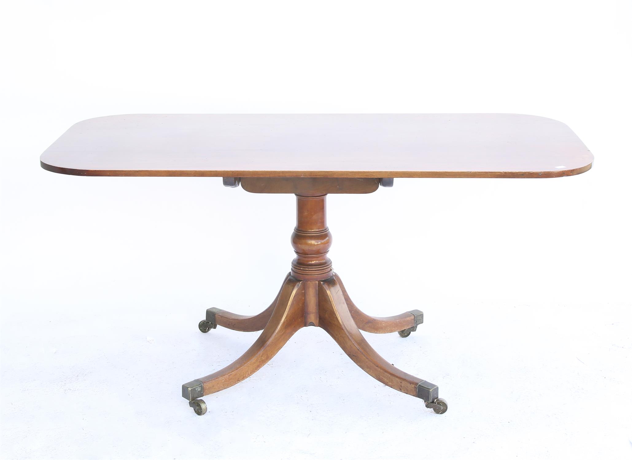 19th century mahogany centre table, on turned support and quatrefoil base with brass caps and