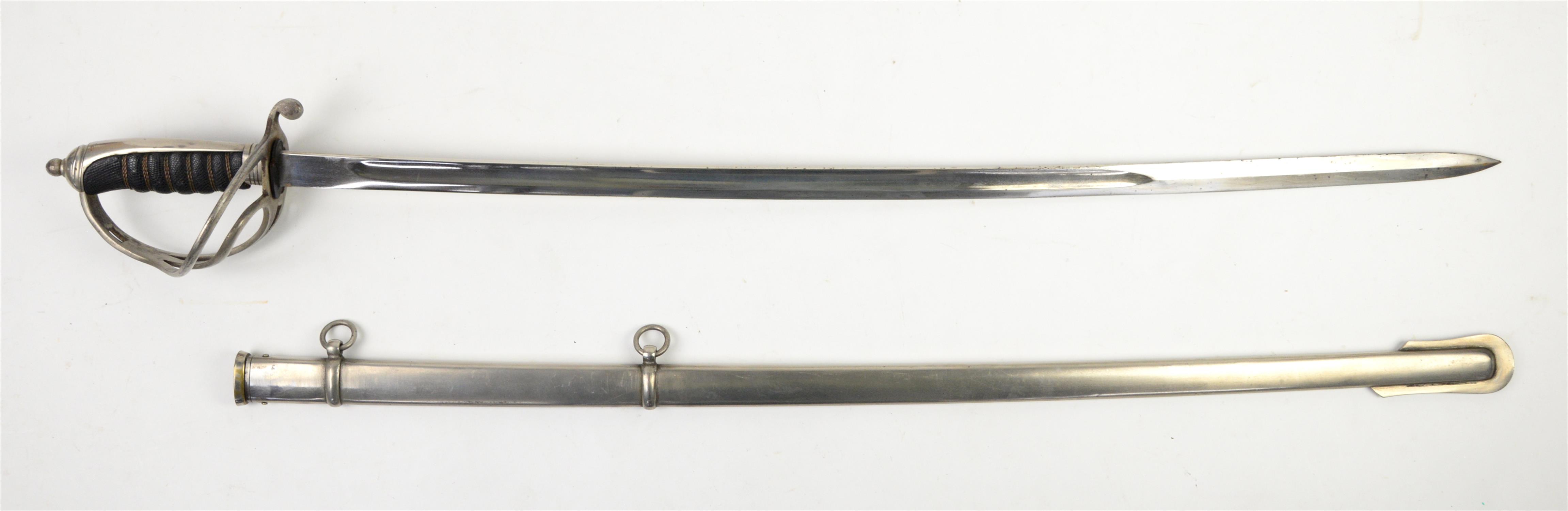 20th century officer's sword with snakeskin and metal bound grip, plain steel pommel and scabbard,