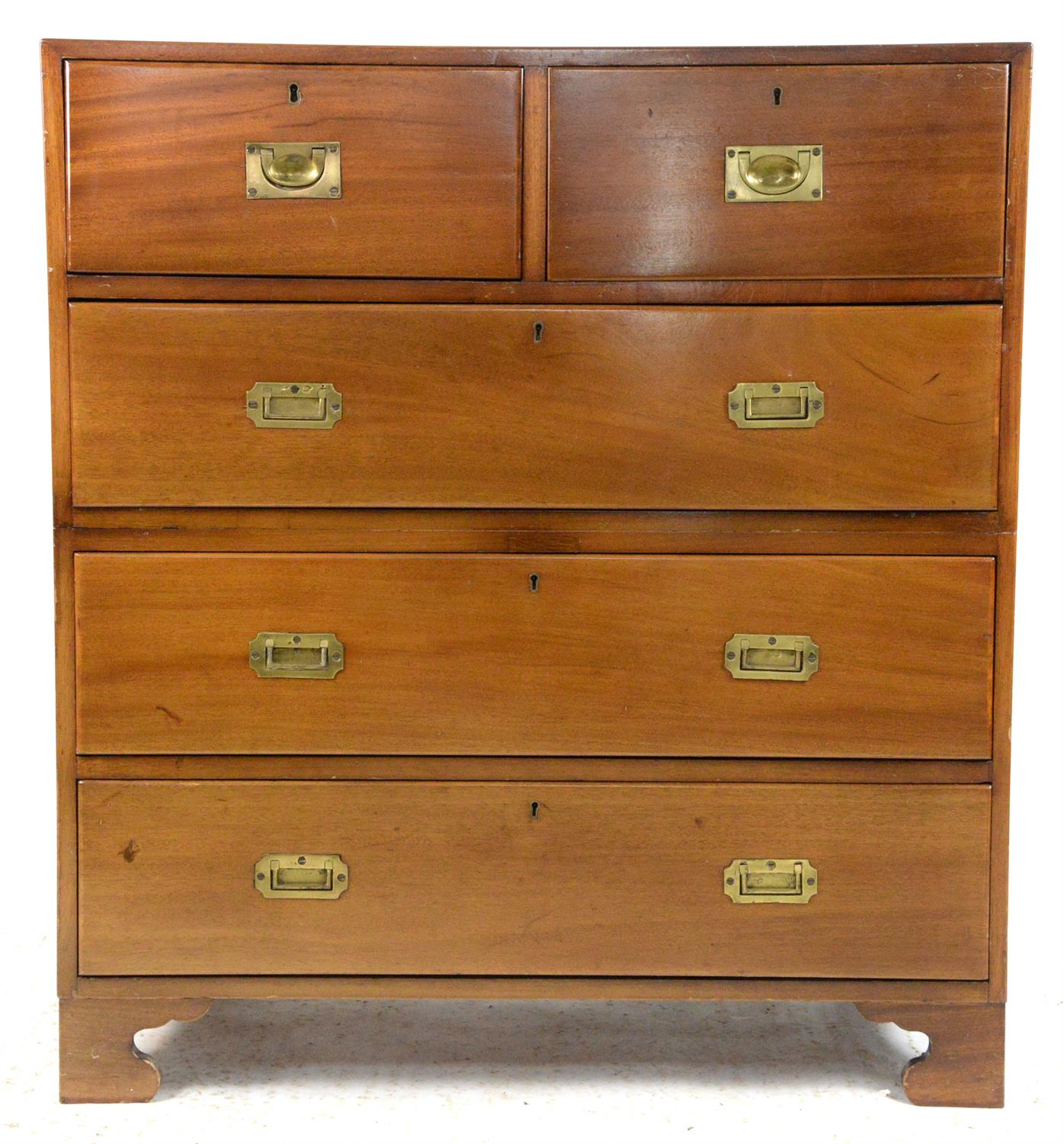 20th century mahogany campaign style chest, with two short over three long drawers on bracket feet,