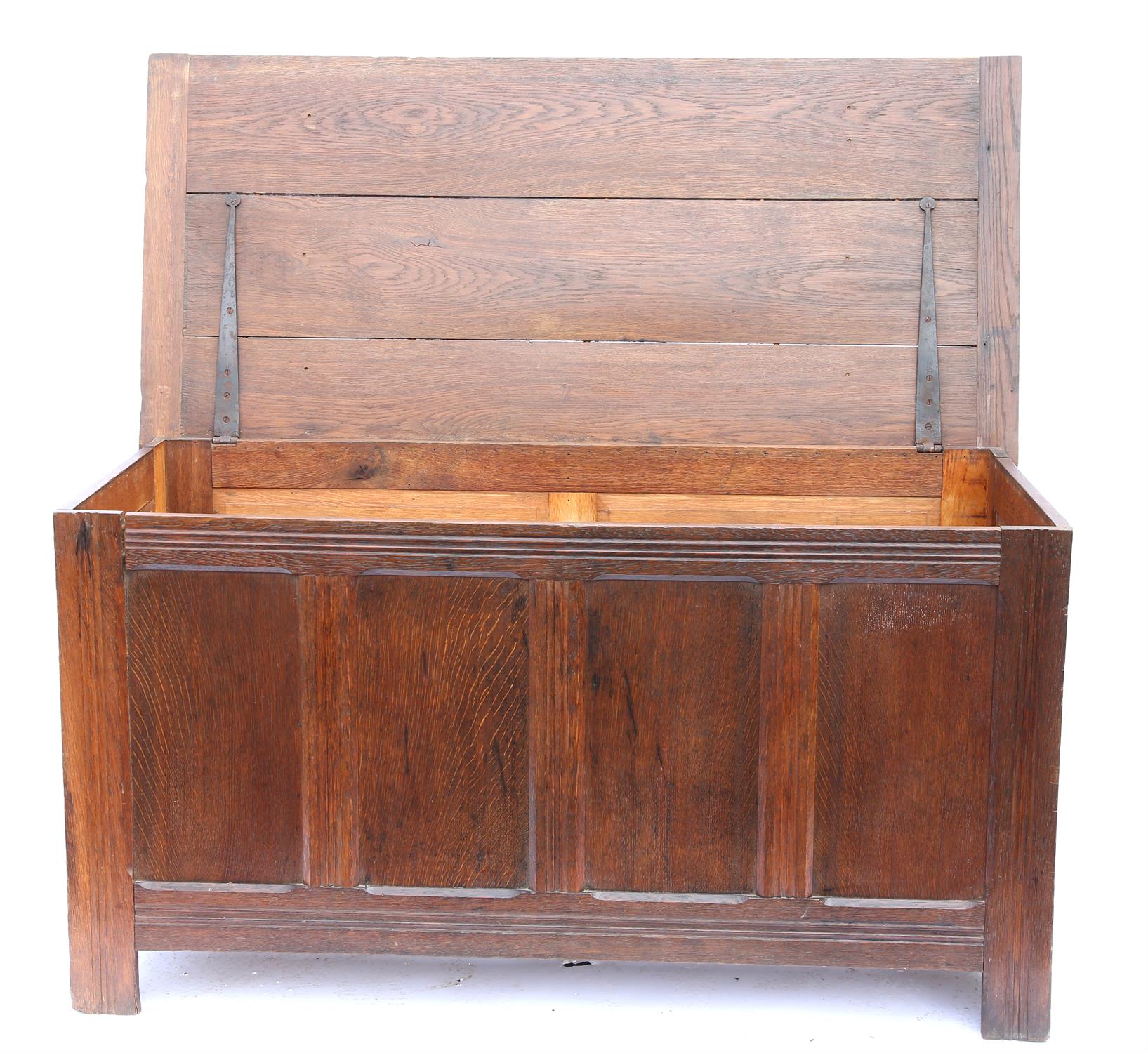 Large 19th century oak coffer, the plank top above panelled front on square legs, - Image 2 of 2