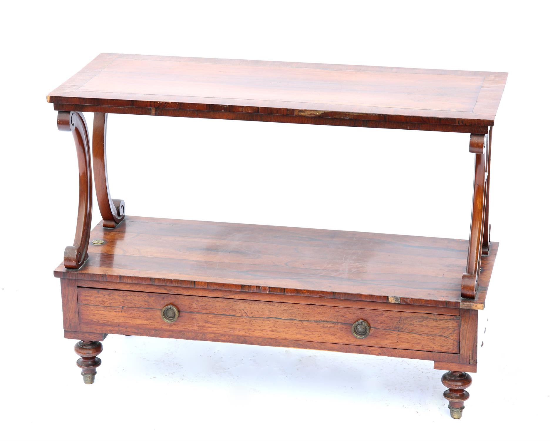 19th century rosewood two tier whatnot, with scrolling supports above a single long drawer on