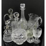 Collection of glassware including flower bowl, decanters, five Galway glass whisky tumblers and