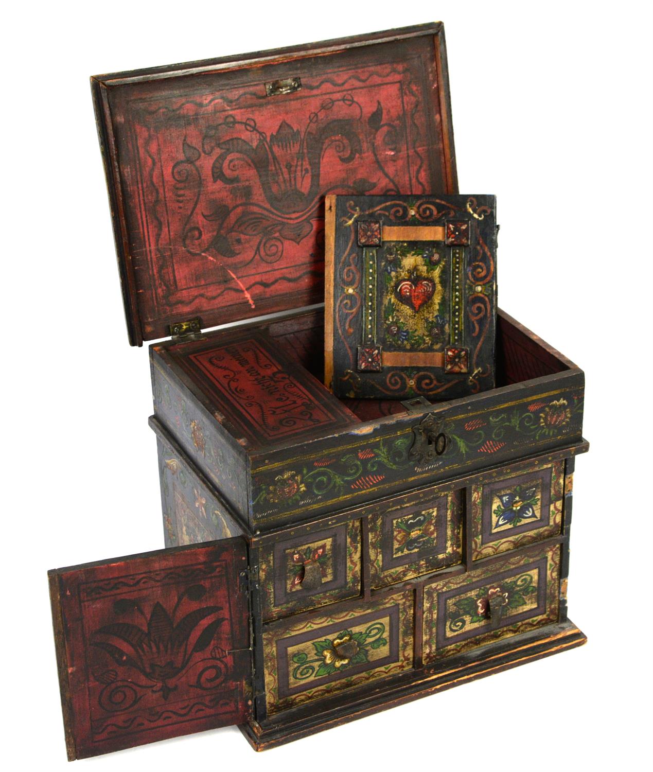 German wooden jewellery box painted with figures and flowers, with hinged lid revealing fitted
