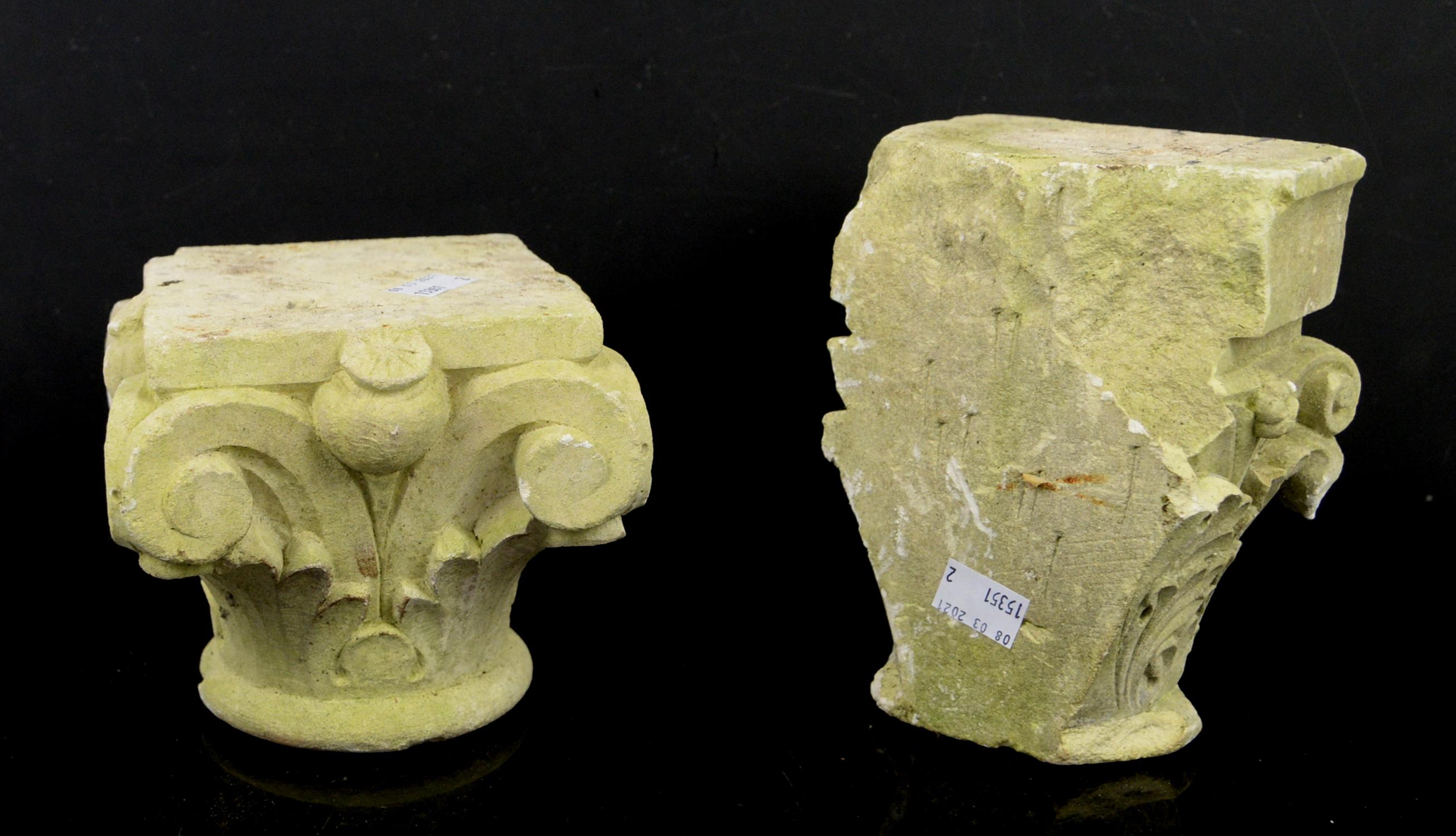 Two carved stone Corinthian column capitals, (one partial), 17.5cm high, the other 13cm high, (2), - Image 3 of 3