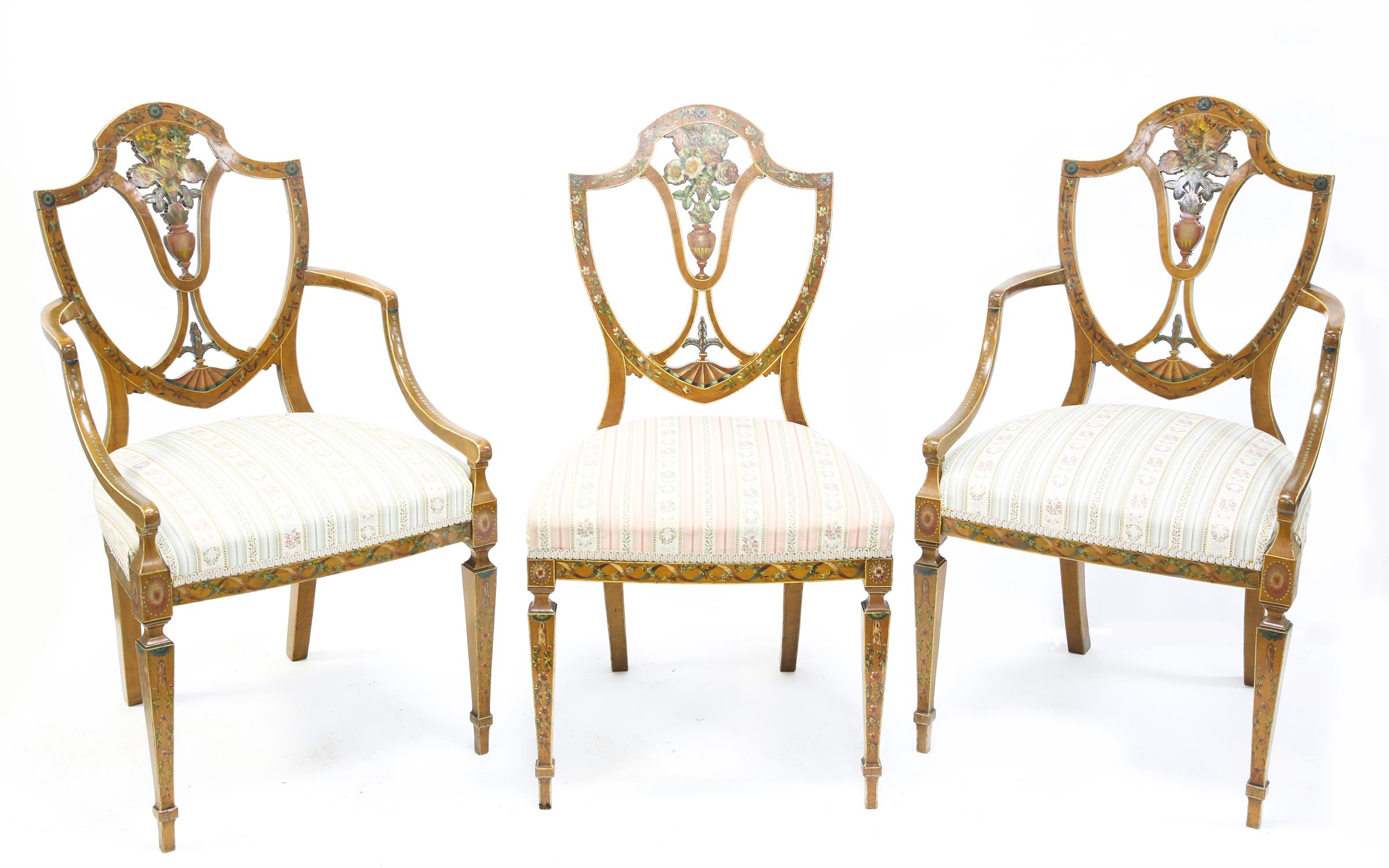 Set of six 19th century satinwood and floral painted shield back dining chairs, the shield backs