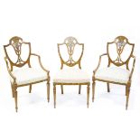 Set of six 19th century satinwood and floral painted shield back dining chairs, the shield backs