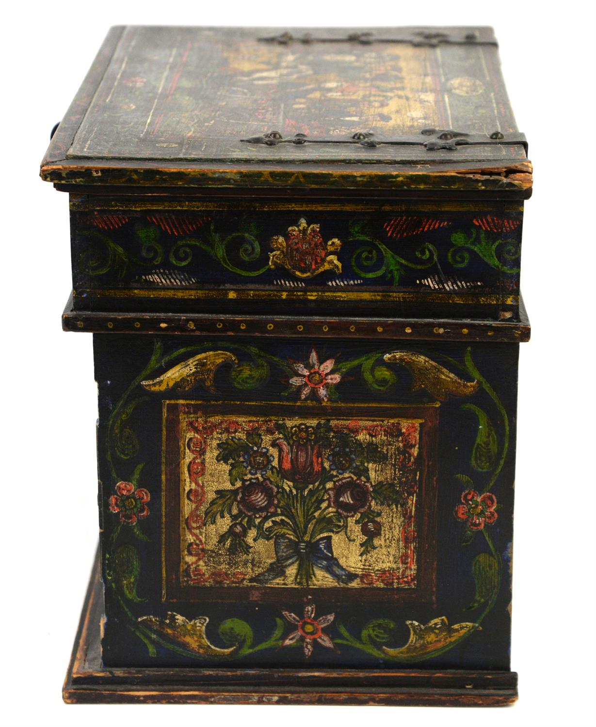 German wooden jewellery box painted with figures and flowers, with hinged lid revealing fitted - Image 4 of 5