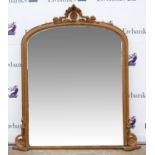 19th century giltwood overmantel mirror, the arched top surmounted by shell and floral cresting,