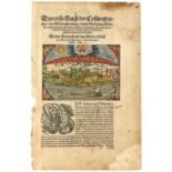 Sebastian Munster ‘Cosmographia’. Title page with hand coloured depiction of heaven and earth.